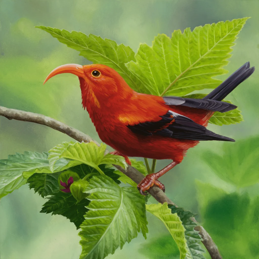 A painting of a Hawaiin 'I'iwi by 2024 Resident Artist Jon Ching