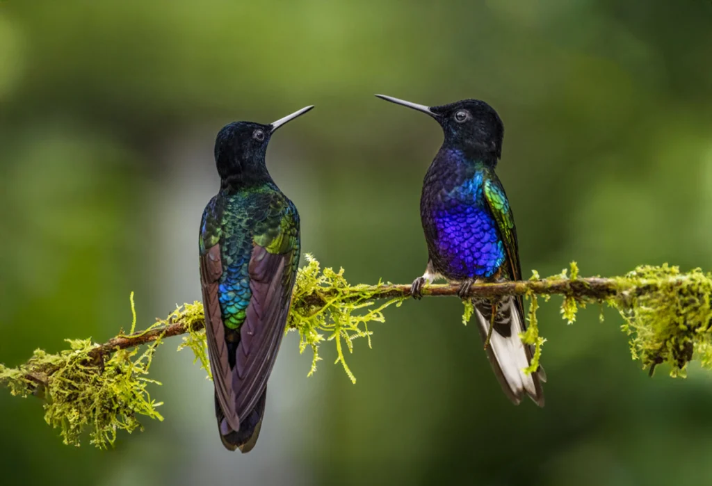 Velvet-purple Coronets on a thin mossy branch. Photo by Owen Deutsch.