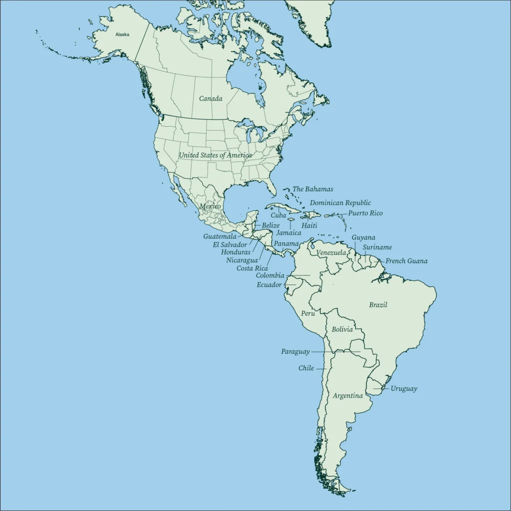 Map of the Americas including North and South America and the Caribbean Islands